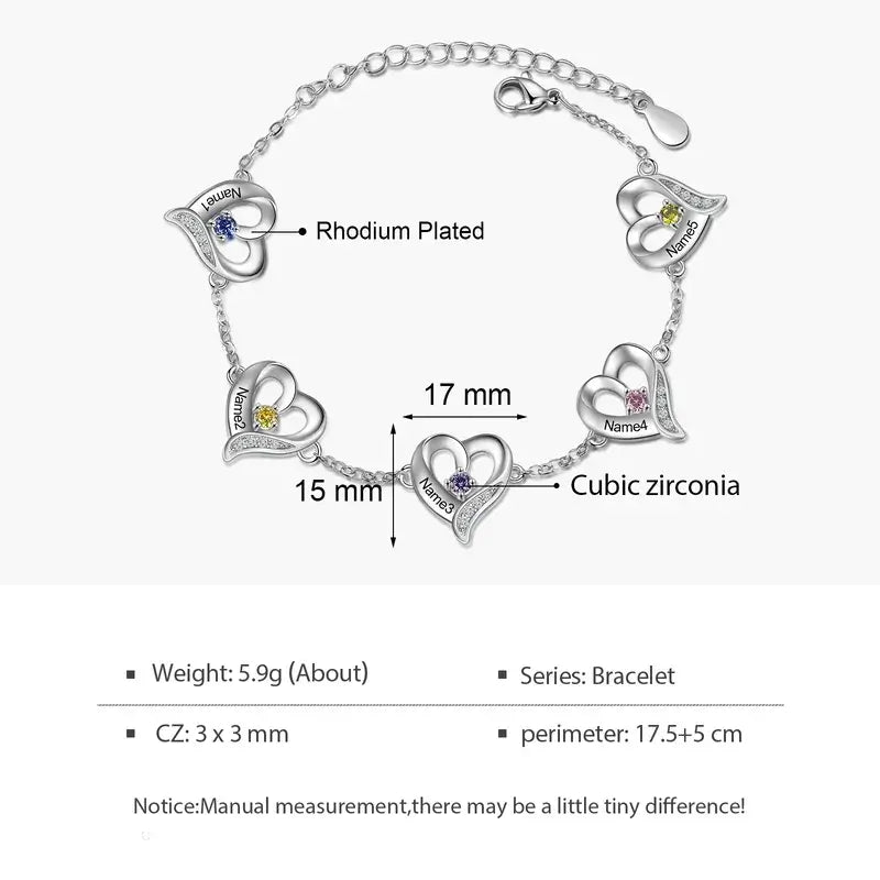 Heart Charm Custom Birthstone Bracelet with Engraved Name