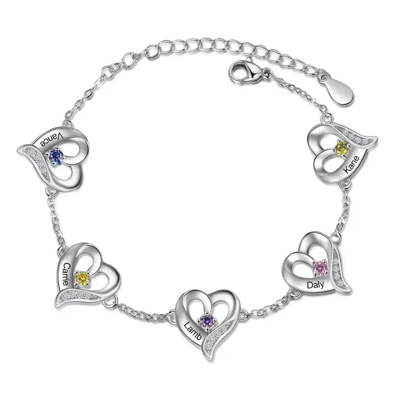Heart Charm Custom Birthstone Bracelet with Engraved Name