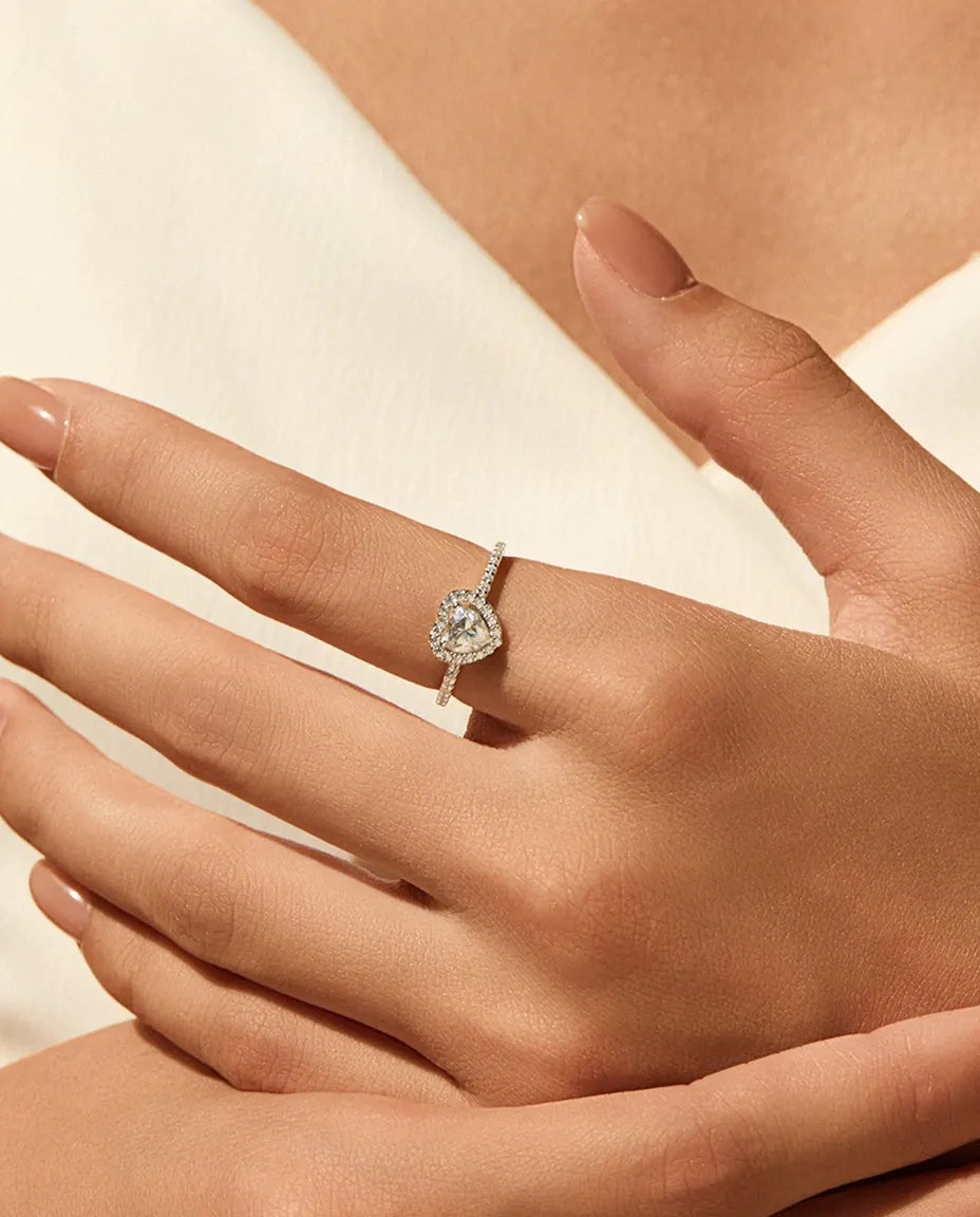 Heart halo moissanite promise ring in 925 sterling silver with 0.5 ct heart cut center