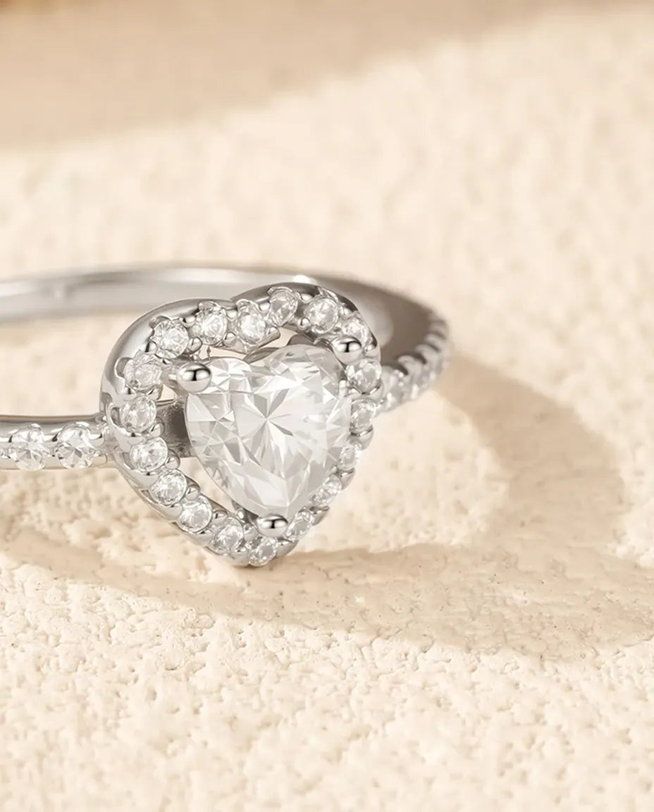 Heart halo moissanite promise ring in 925 sterling silver with 0.5 ct heart cut center