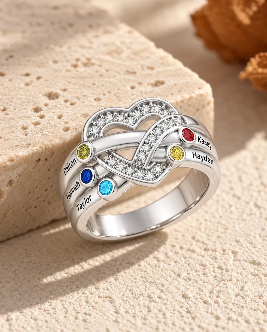 heart knot birthstone ring with 5 engraved names and 5 round simulated birthstones