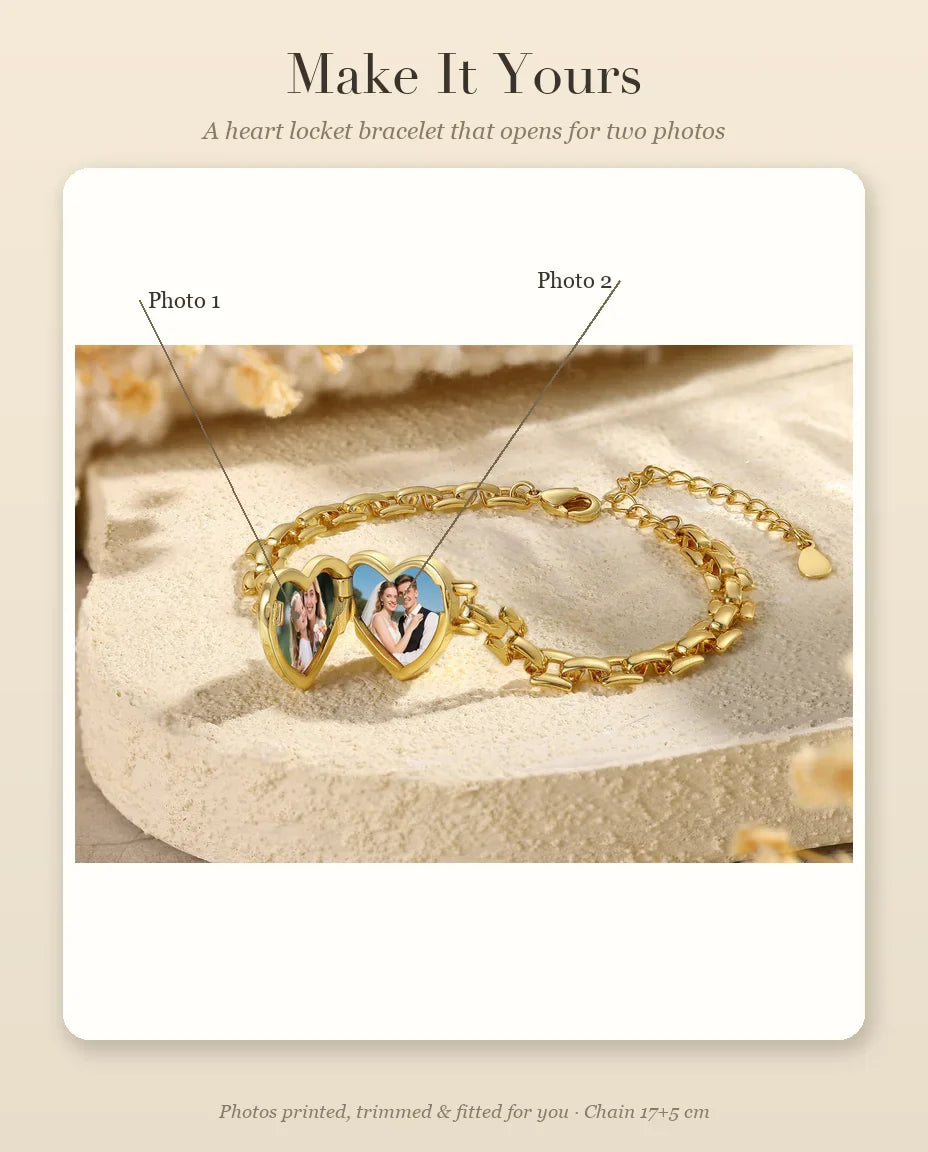 Personalization guide showing Photo 1 and Photo 2 placement in heart locket bracelet