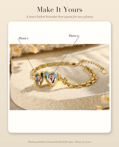 Personalization guide showing Photo 1 and Photo 2 placement in heart locket bracelet