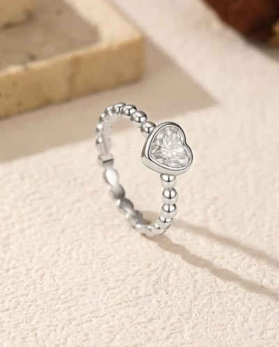 Heart Moissanite Ring in 925 Sterling Silver - 0.8 ct 6 mm Heart Cut Lab-Grown Moissanite in a Bezel Setting on a 2.4 mm Beaded Band, US Size 5 to 9