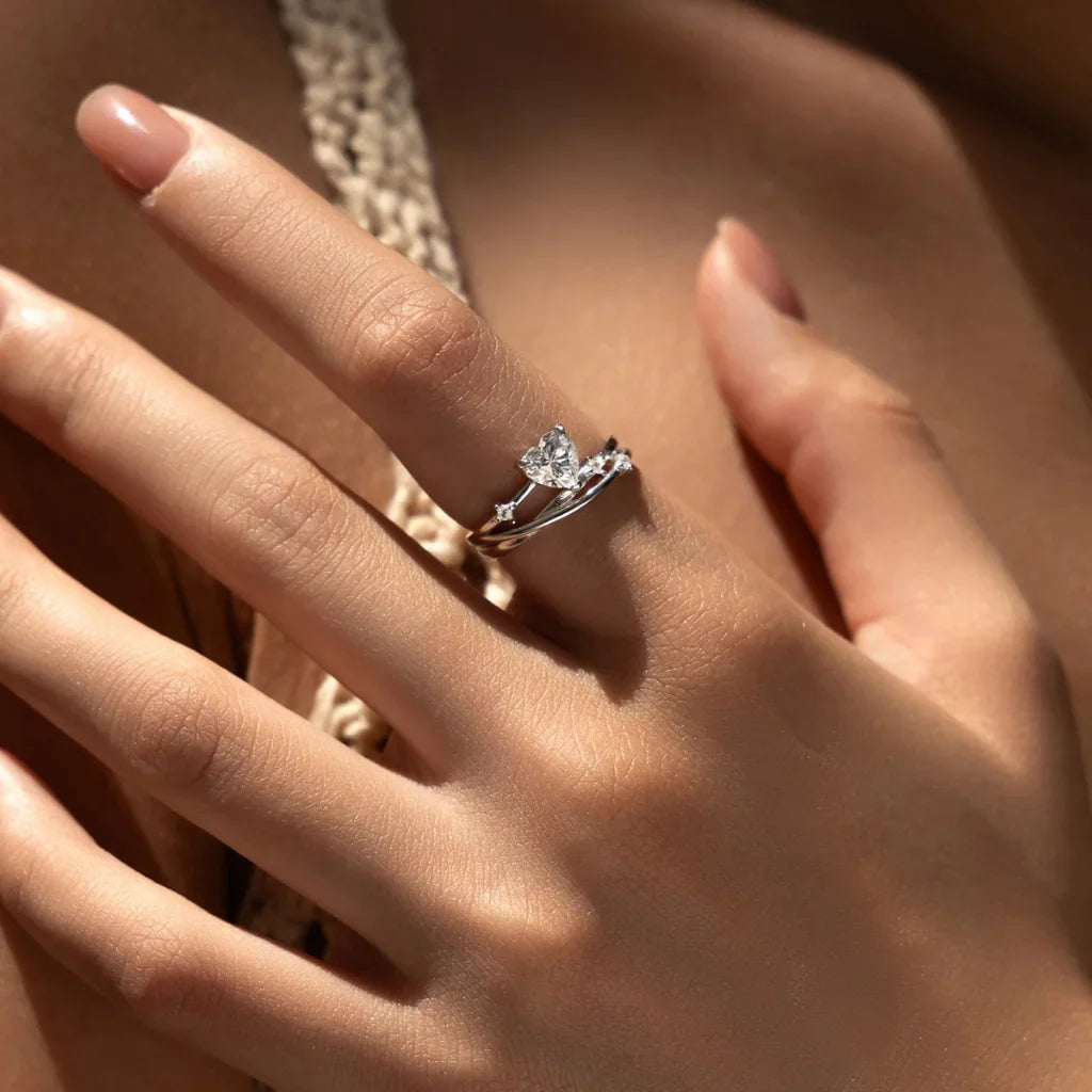 Heart Moissanite Ring | 925 Sterling Silver Multi-Layer Wedding Ring for Women