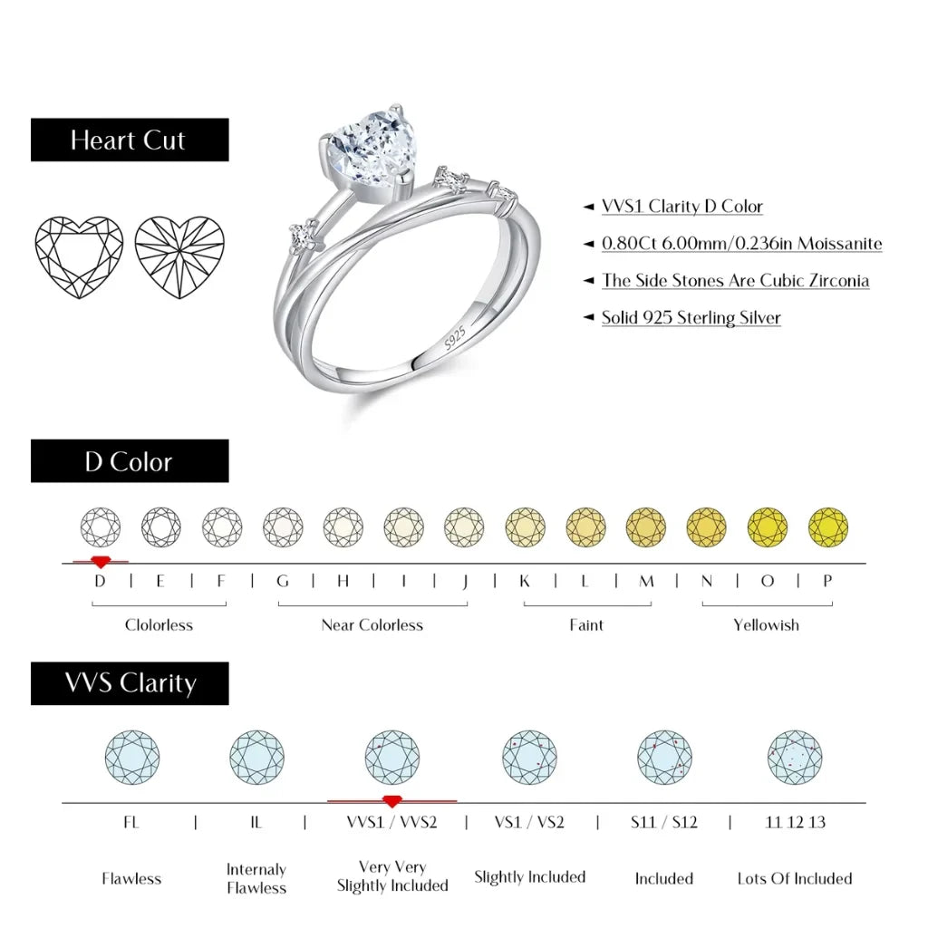 Heart Moissanite Ring | 925 Sterling Silver Multi-Layer Wedding Ring for Women