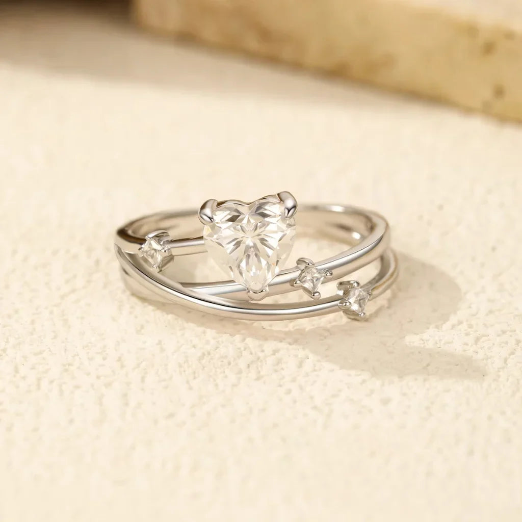 Heart Moissanite Ring | 925 Sterling Silver Multi-Layer Wedding Ring for Women