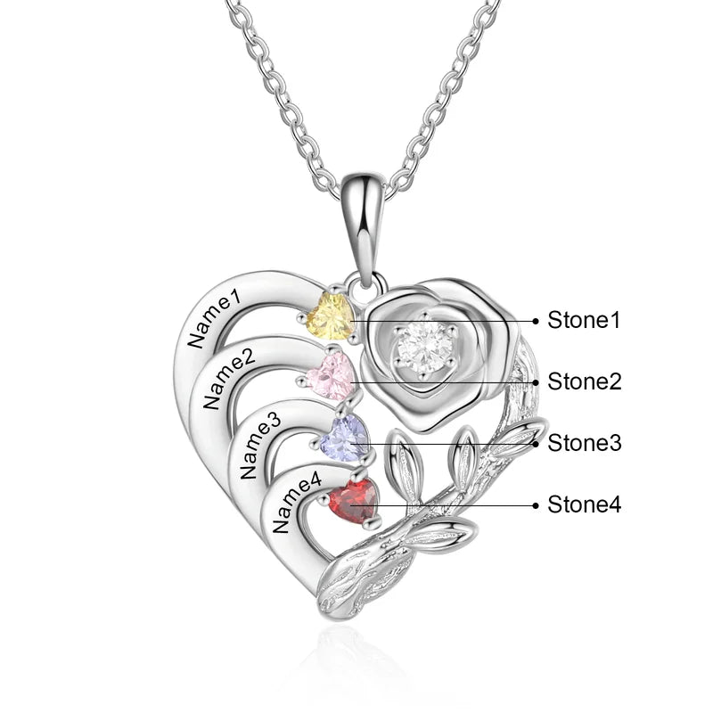 Silver Heart Pendant Mother s Birthstone Necklace with Custom