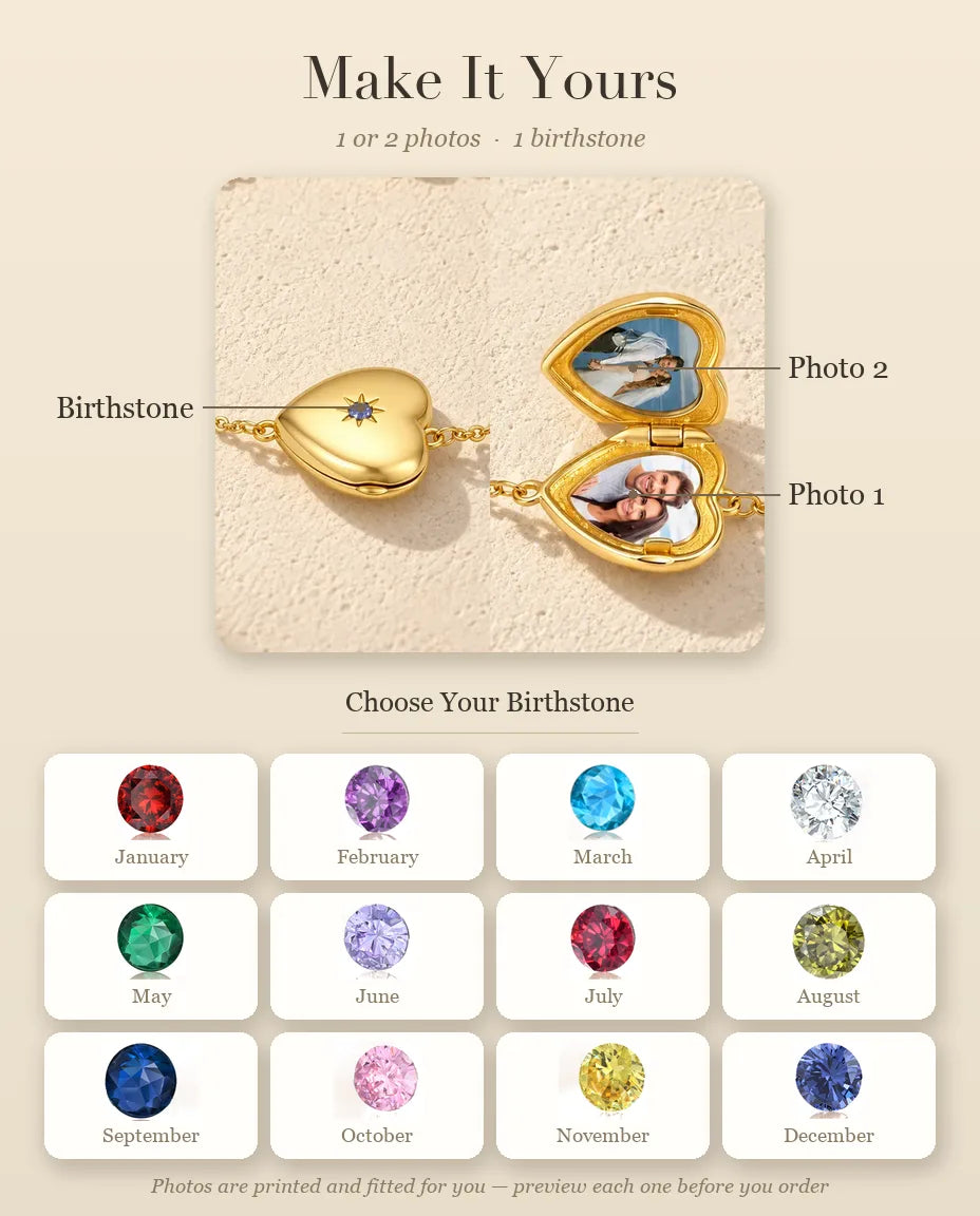 Personalization guide for the heart locket bracelet: Birthstone, Photo 1 and Photo 2