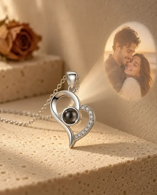 Heart Photo Projection Necklace - projecting the hidden photo onto a wall
