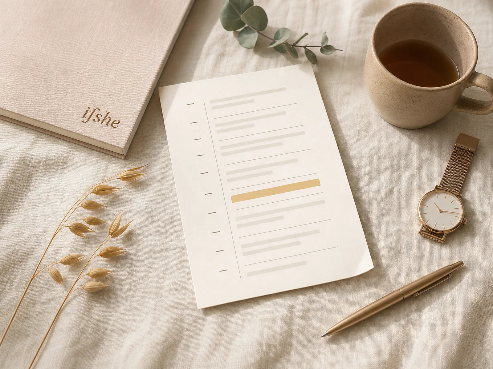 Printed wedding day-of timeline card on cream linen with a soft-gold ceremony anchor band, rose-gold pen, dried oats, tea and a calm watch — ifshe demi-fine planning still life