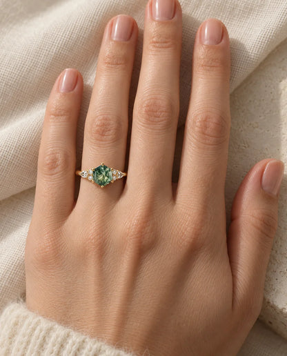 Moss Agate Ring - worn on the hand, gold finish