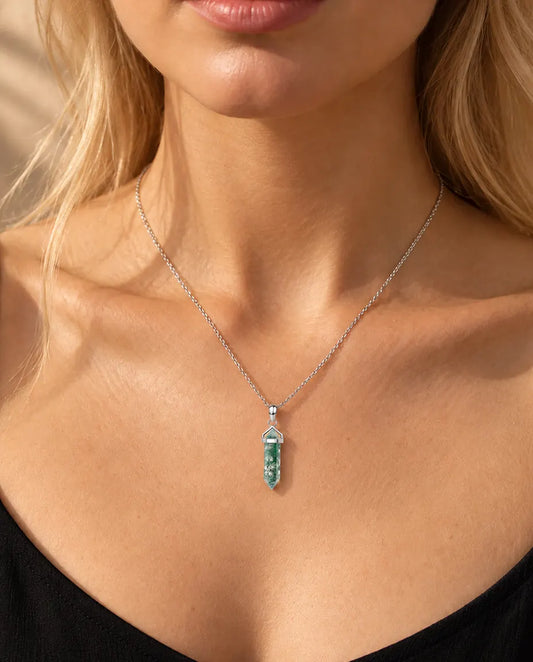 Hexagon Point Moss Agate Necklace in 925 Sterling Silver - worn on a model, close-up at the collarbone