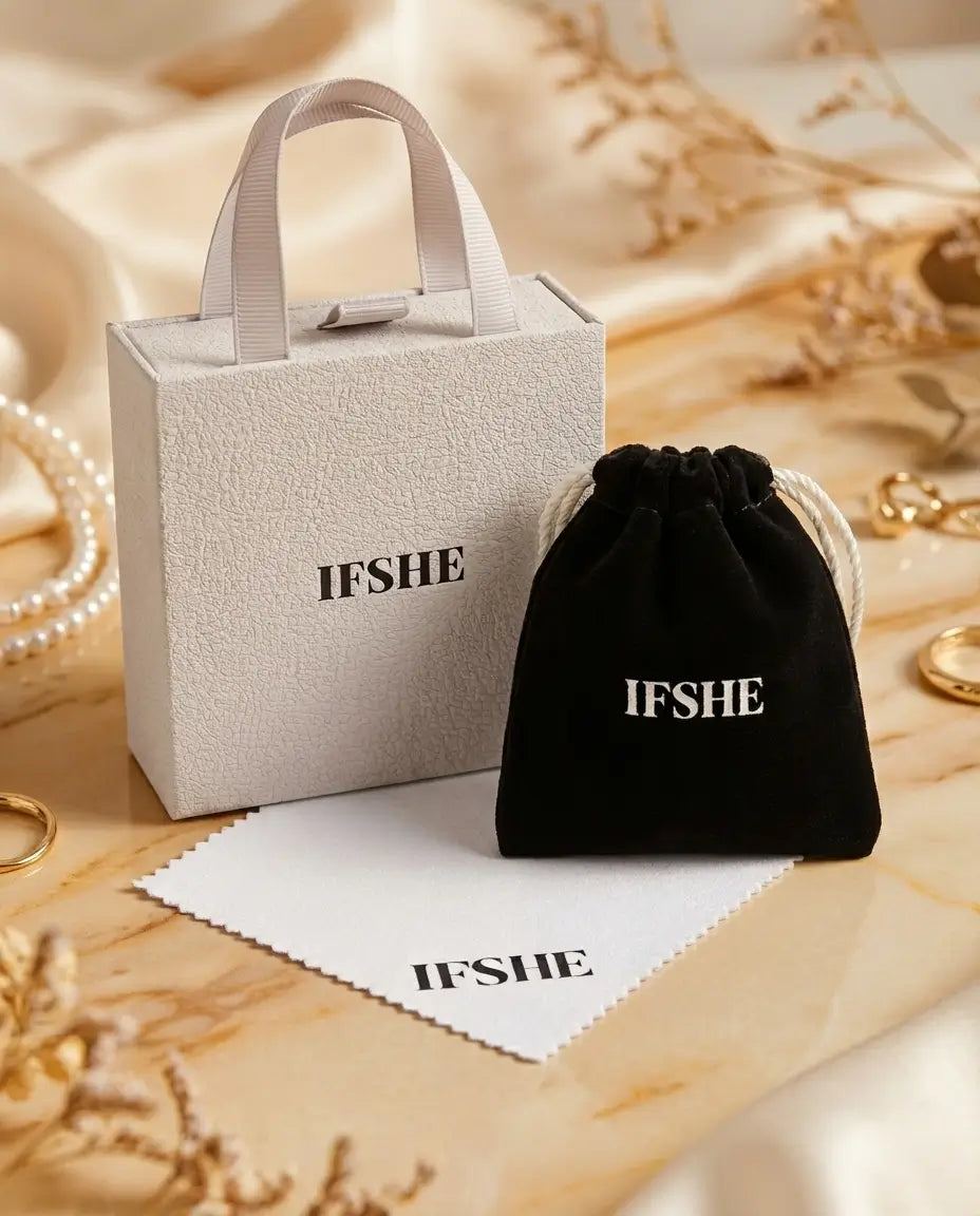 IFSHE jewelry gift packaging with a cream box, black pouch and polishing cloth