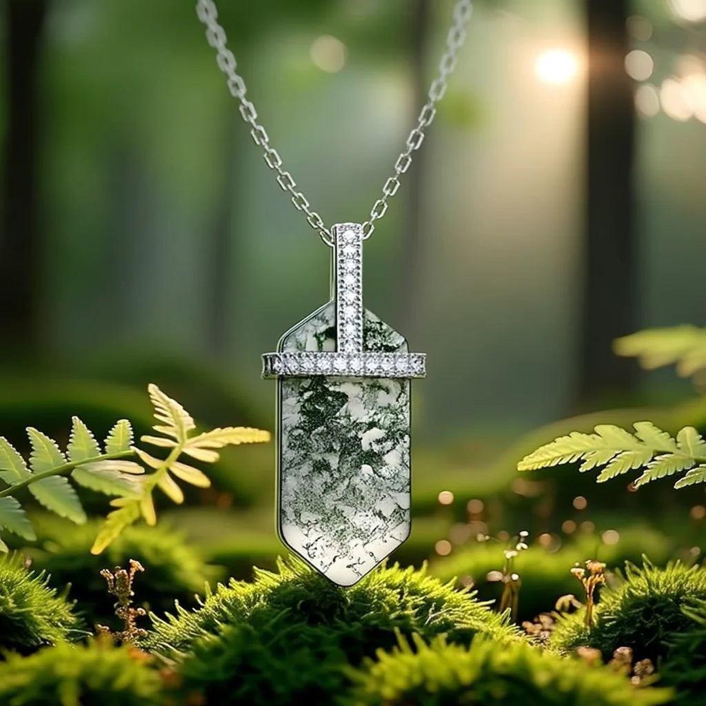 IfShe Natural Green Moss Agate Necklace – 925 Sterling Silver Pendant (26×11.7 mm) with 20×9.5 mm Gemstone