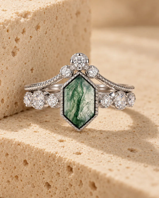 Elongated Hexagon Moss Agate Bridal Set - the complete set