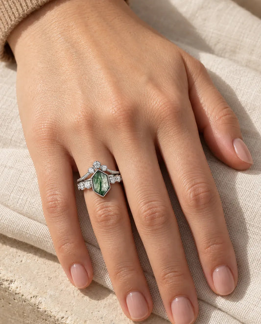 Elongated Hexagon Moss Agate Bridal Set - worn on the hand