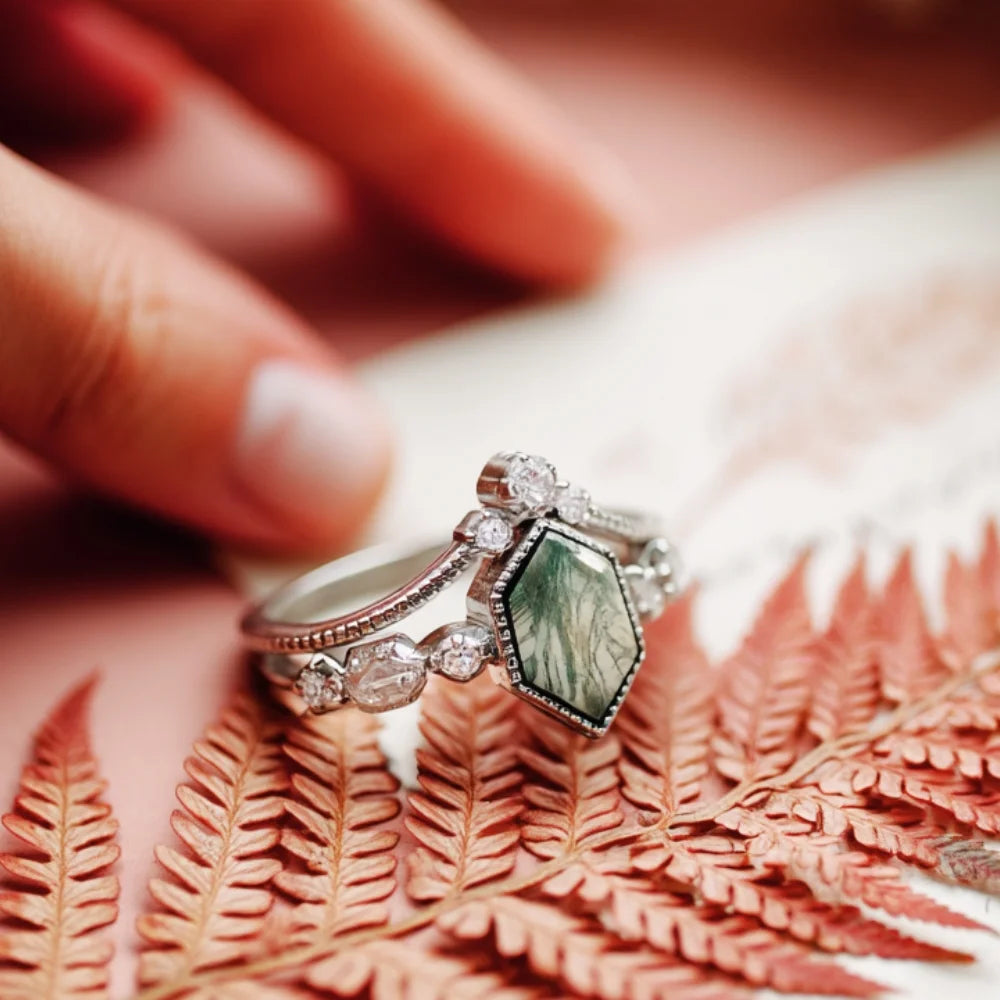 IfShe Natural Green Moss Agate Ring Set – 925 Sterling Silver