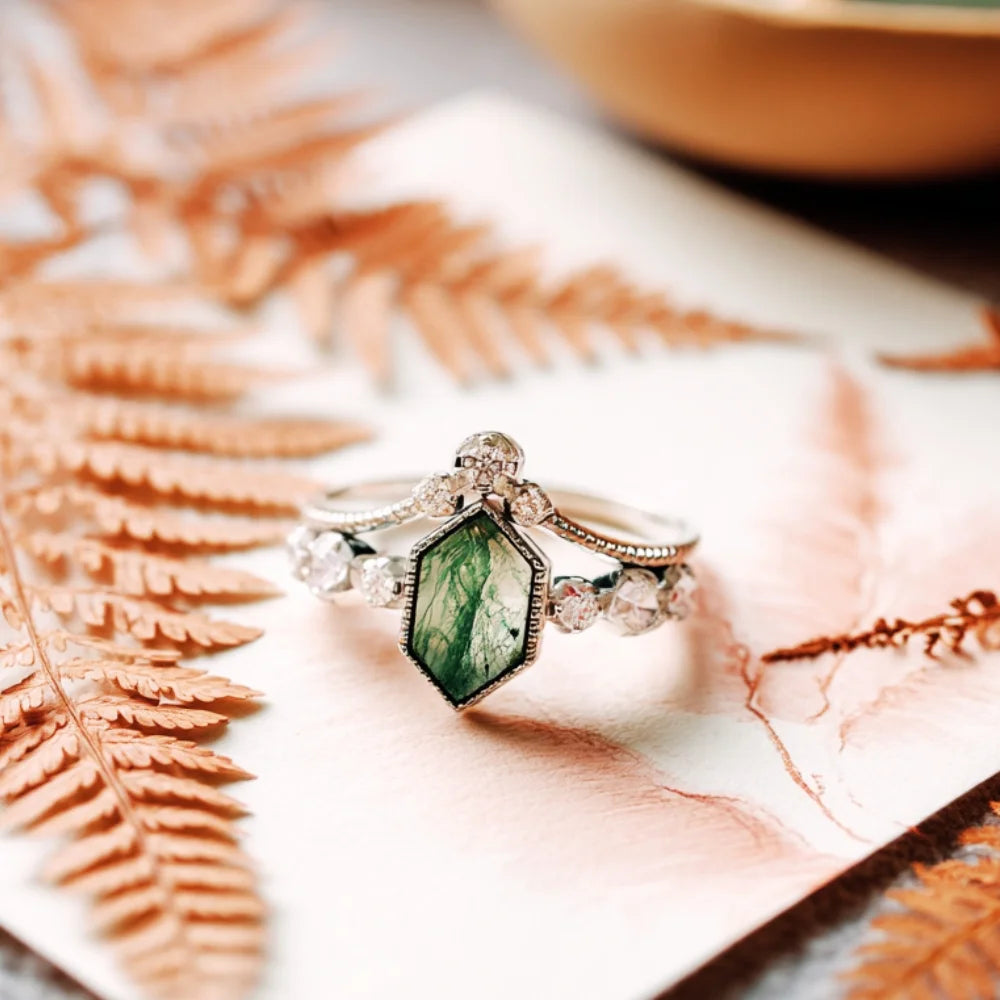 IfShe Natural Green Moss Agate Ring Set – 925 Sterling Silver