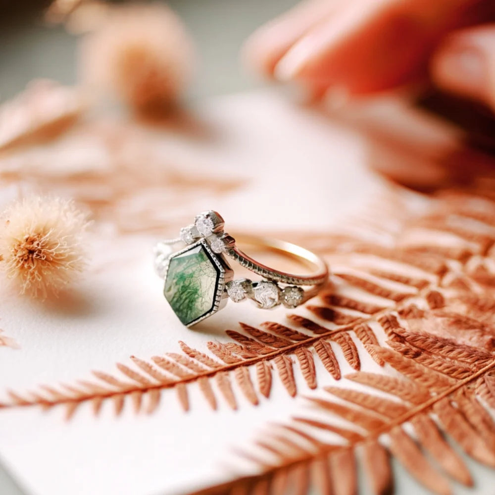 IfShe Natural Green Moss Agate Ring Set – 925 Sterling Silver