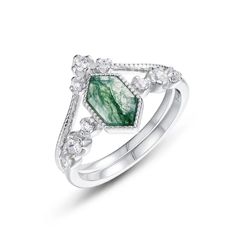 IfShe Natural Green Moss Agate Ring Set – 925 Sterling Silver