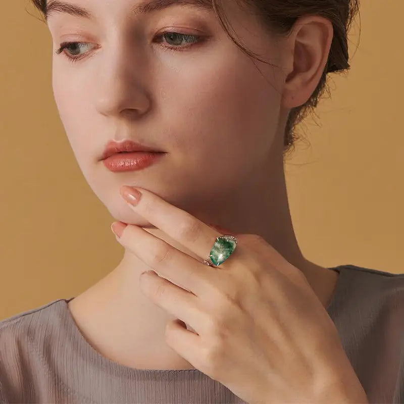 IfShe Natural Moss Agate Ring – 925 Sterling Silver White Gold–Plated
