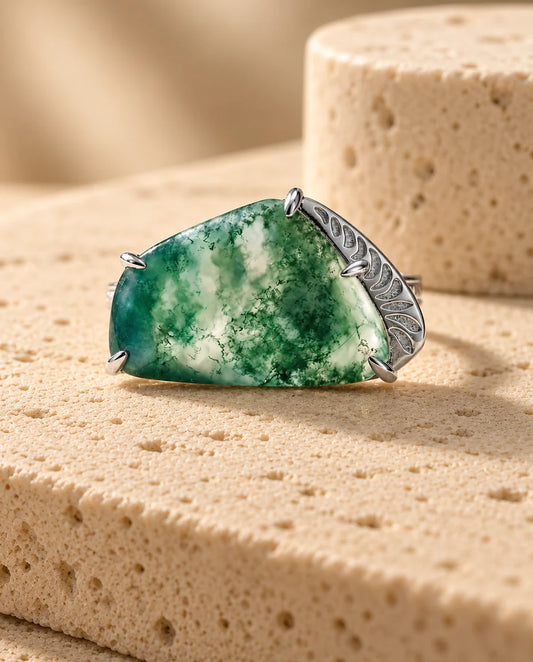 Large Freeform Moss Agate Statement Ring - front view