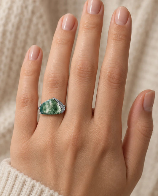 Large Freeform Moss Agate Statement Ring - worn on the hand