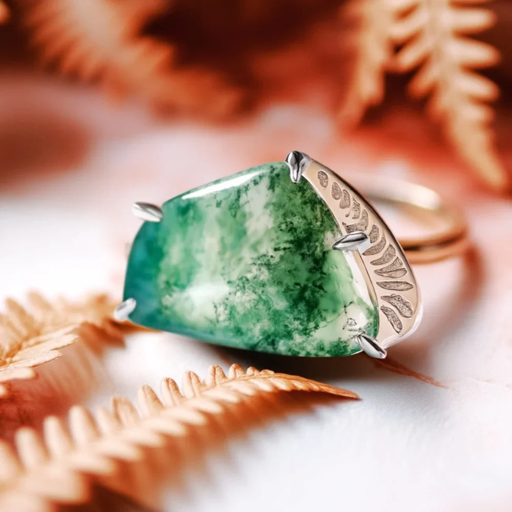 IfShe Natural Moss Agate Ring – 925 Sterling Silver White Gold–Plated