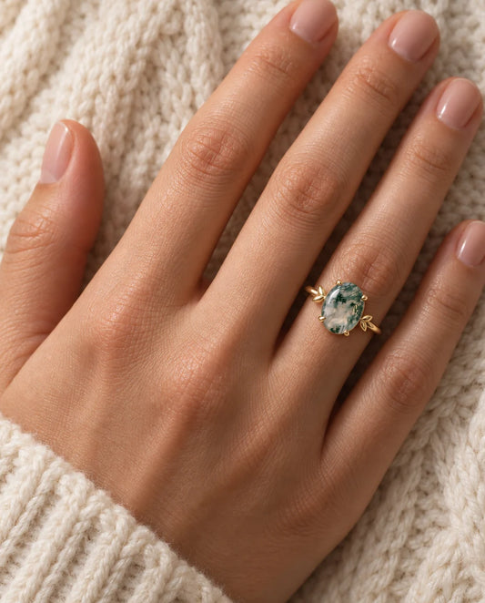 Oval Moss Agate Ring - worn on the hand