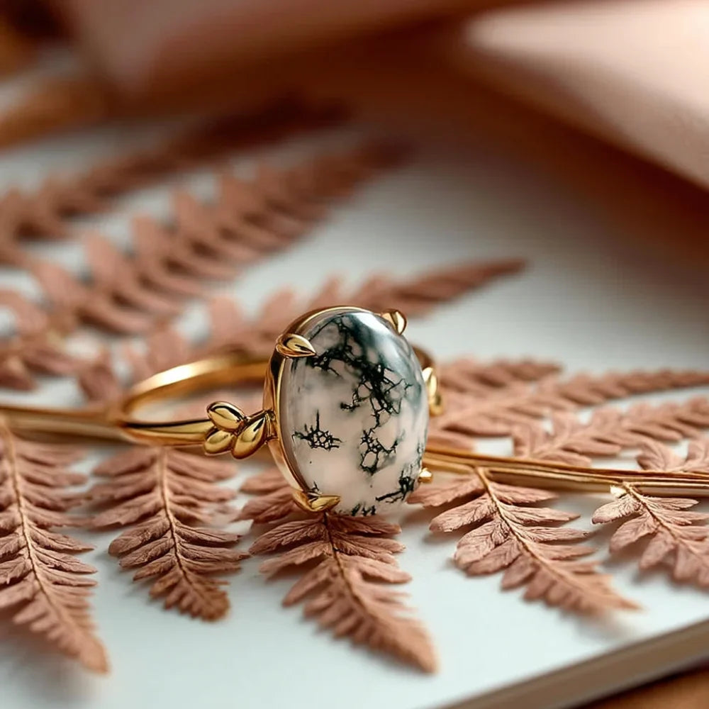 IfShe 10×12 mm Oval Moss Agate Ring – 18K Gold-Plated 925 Sterling Silver “Enchanted Forest” Statement Band