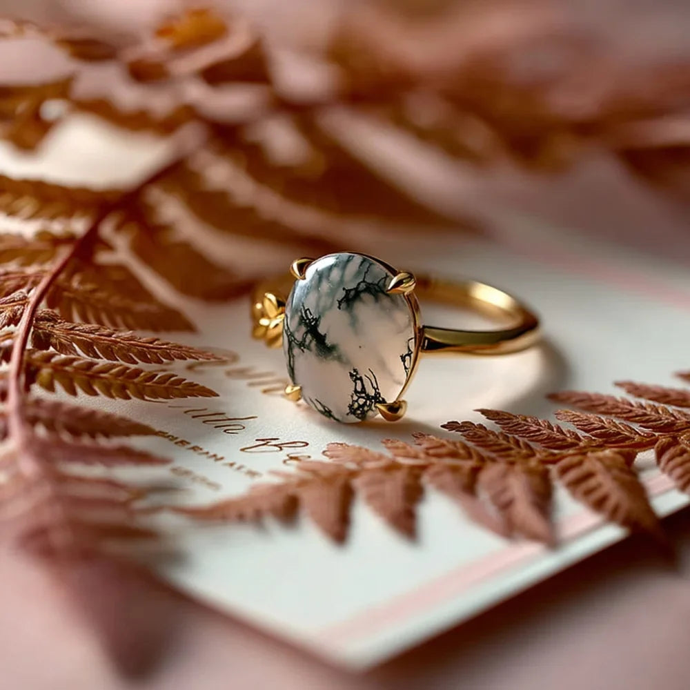 IfShe 10×12 mm Oval Moss Agate Ring – 18K Gold-Plated 925 Sterling Silver “Enchanted Forest” Statement Band