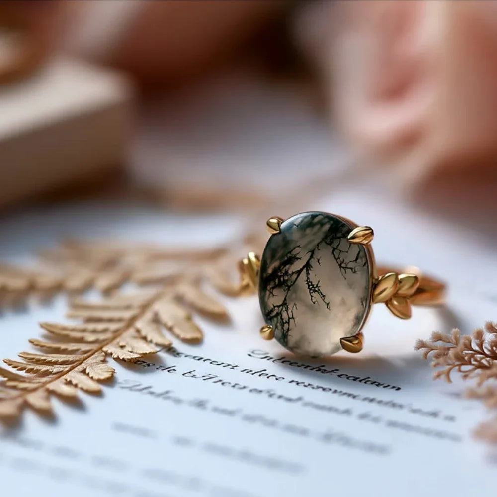 IfShe 10×12 mm Oval Moss Agate Ring – 18K Gold-Plated 925 Sterling Silver “Enchanted Forest” Statement Band