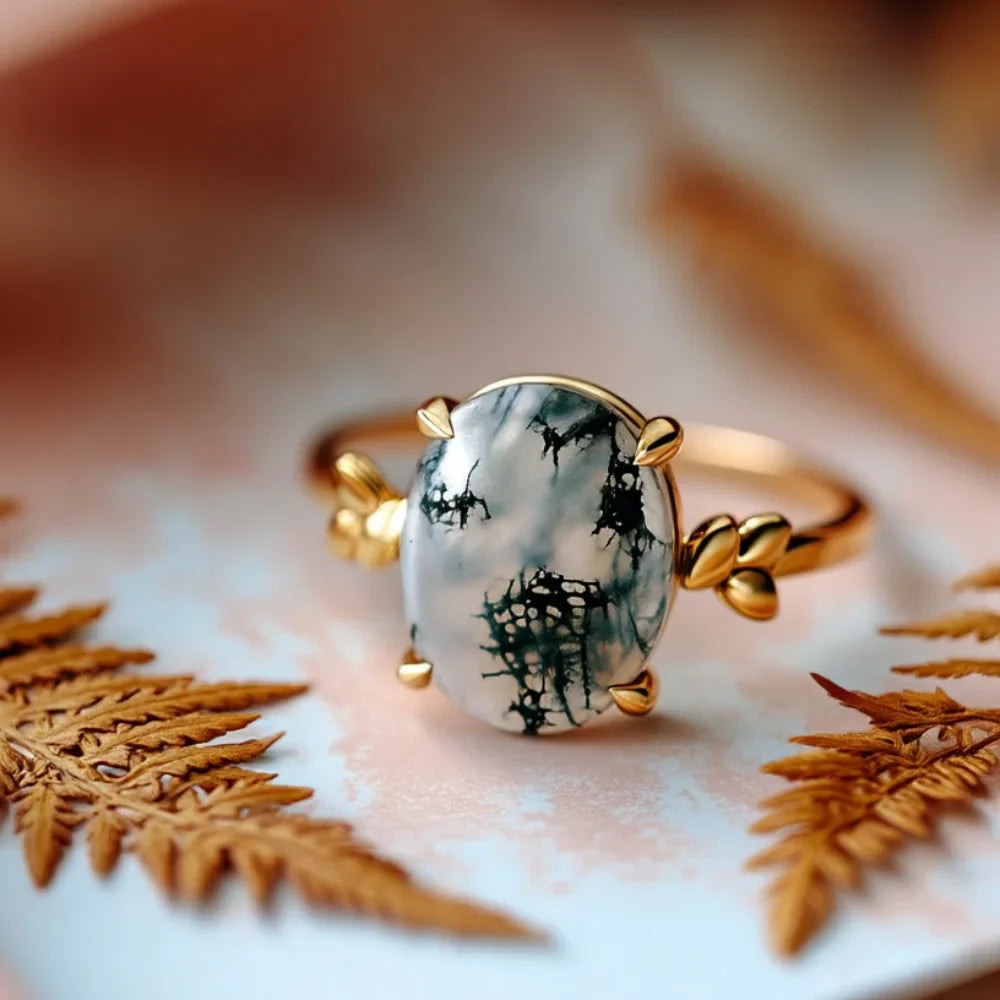 IfShe 10×12 mm Oval Moss Agate Ring – 18K Gold-Plated 925 Sterling Silver “Enchanted Forest” Statement Band