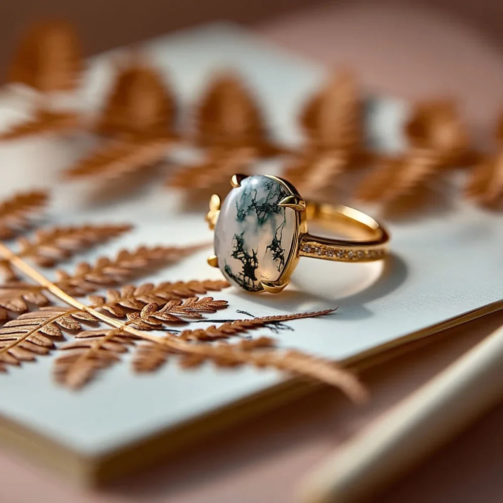 IfShe 10×12 mm Oval Moss Agate Ring – 18K Gold-Plated 925 Sterling Silver “Enchanted Forest” Statement Band