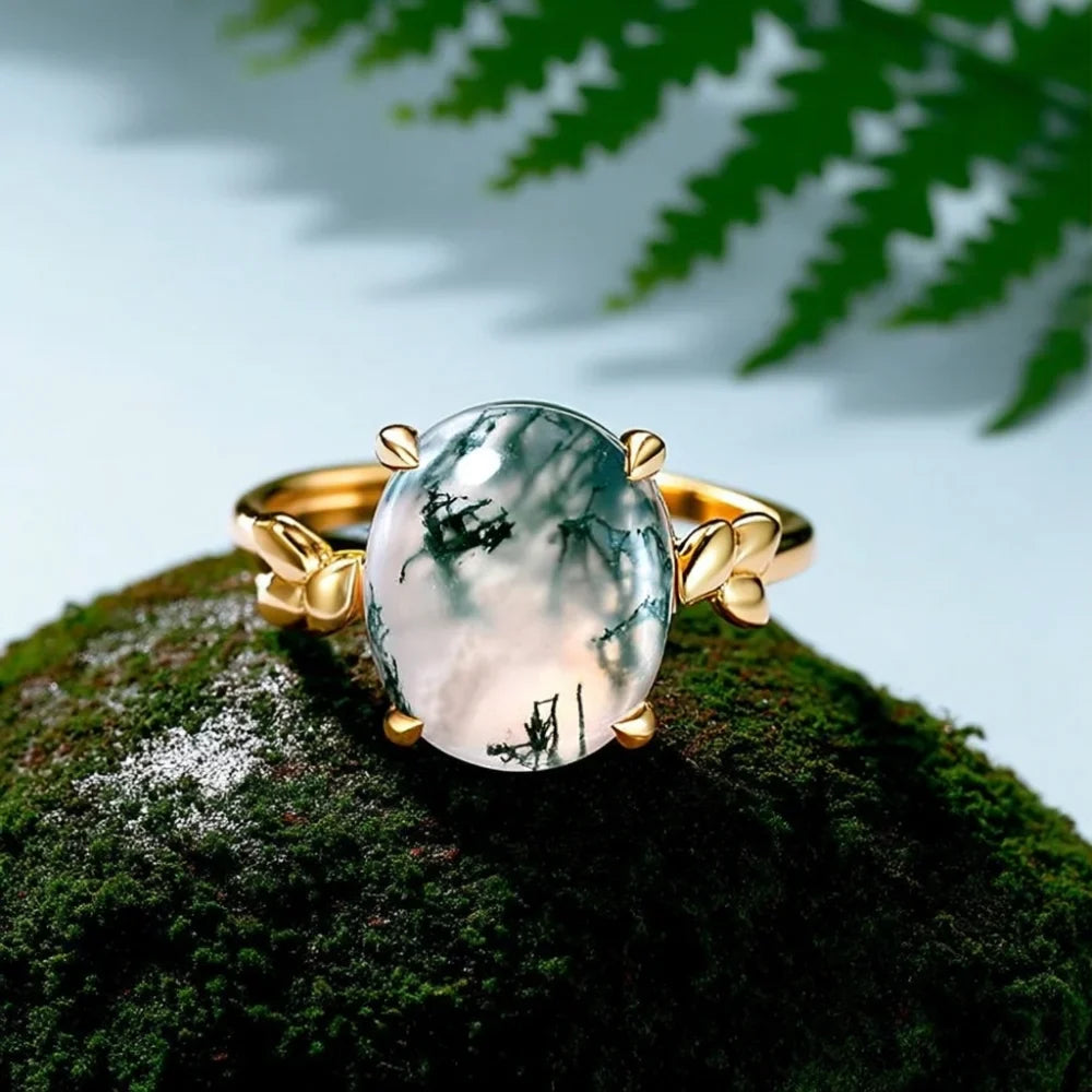 IfShe 10×12 mm Oval Moss Agate Ring – 18K Gold-Plated 925 Sterling Silver “Enchanted Forest” Statement Band