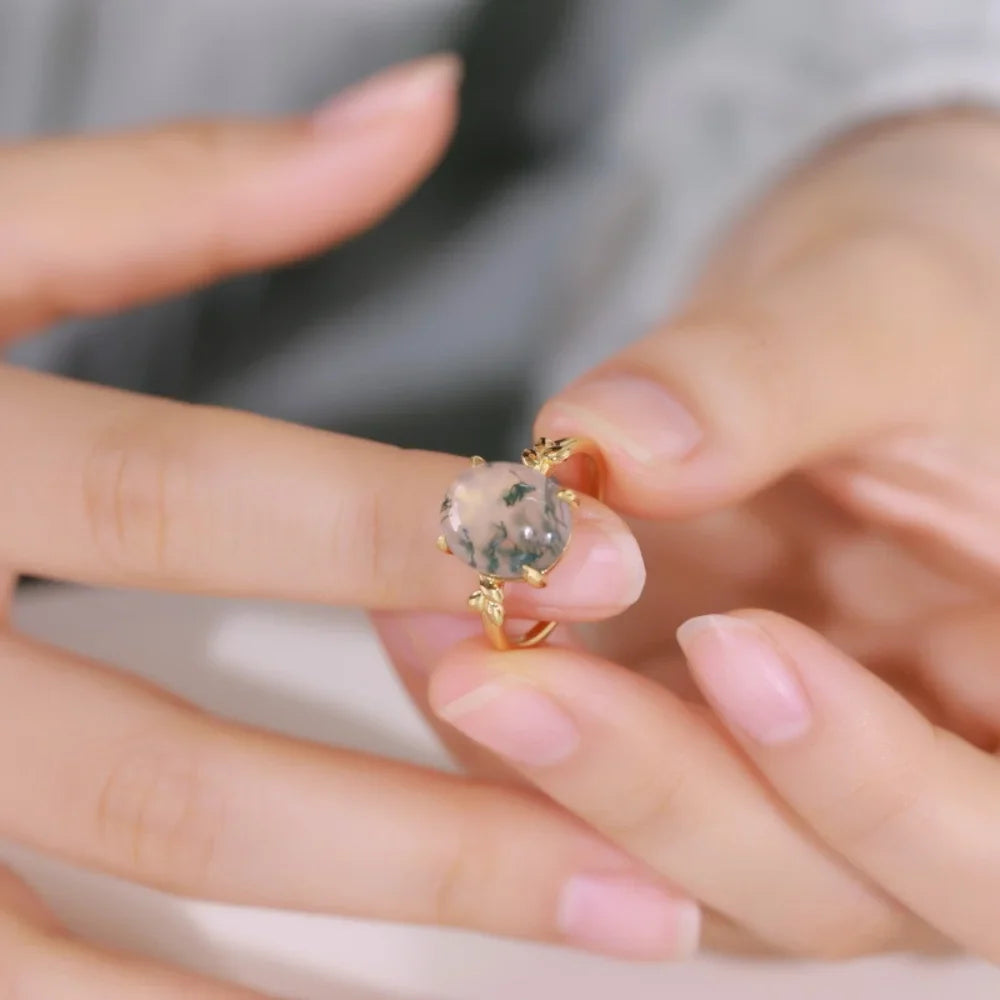 IfShe 10×12 mm Oval Moss Agate Ring – 18K Gold-Plated 925 Sterling Silver “Enchanted Forest” Statement Band
