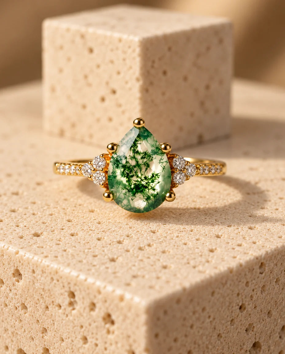 Pear-Shaped Moss Agate Ring in Silver or Gold - front view