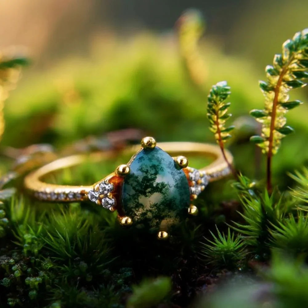 IfShe 6×8mm Pear Moss Agate Ring – 925 Sterling Silver, 10k Gold & White Gold Plated