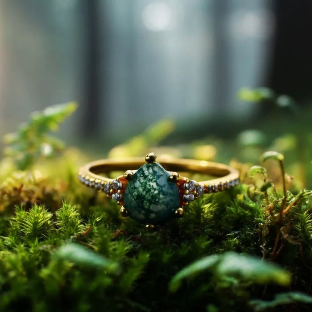 IfShe 6×8mm Pear Moss Agate Ring – 925 Sterling Silver, 10k Gold & White Gold Plated