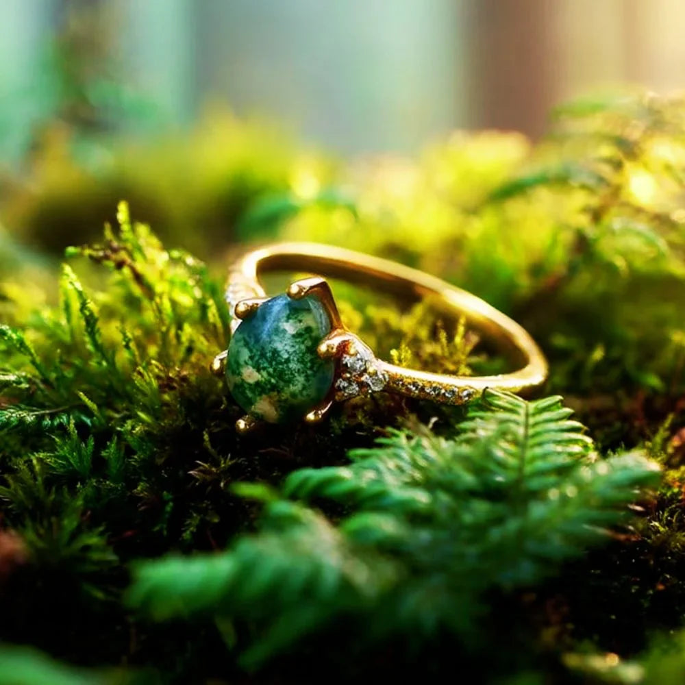 IfShe 6×8mm Pear Moss Agate Ring – 925 Sterling Silver, 10k Gold & White Gold Plated