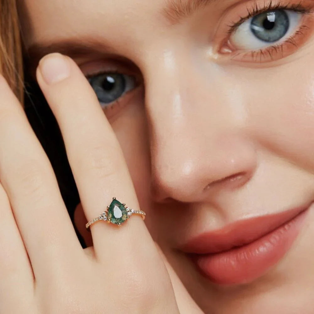 IfShe 6×8mm Pear Moss Agate Ring – 925 Sterling Silver, 10k Gold & White Gold Plated