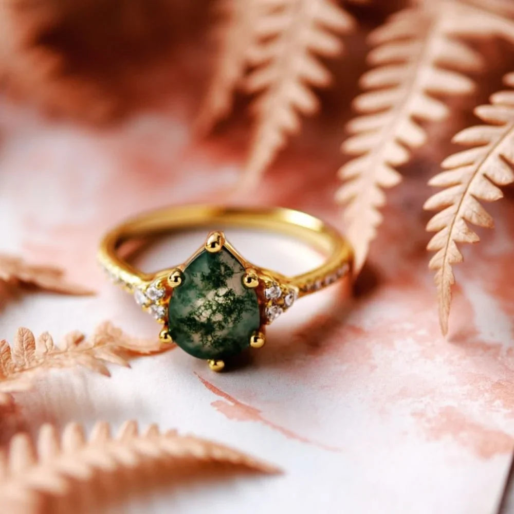 IfShe 6×8mm Pear Moss Agate Ring – 925 Sterling Silver, 10k Gold & White Gold Plated
