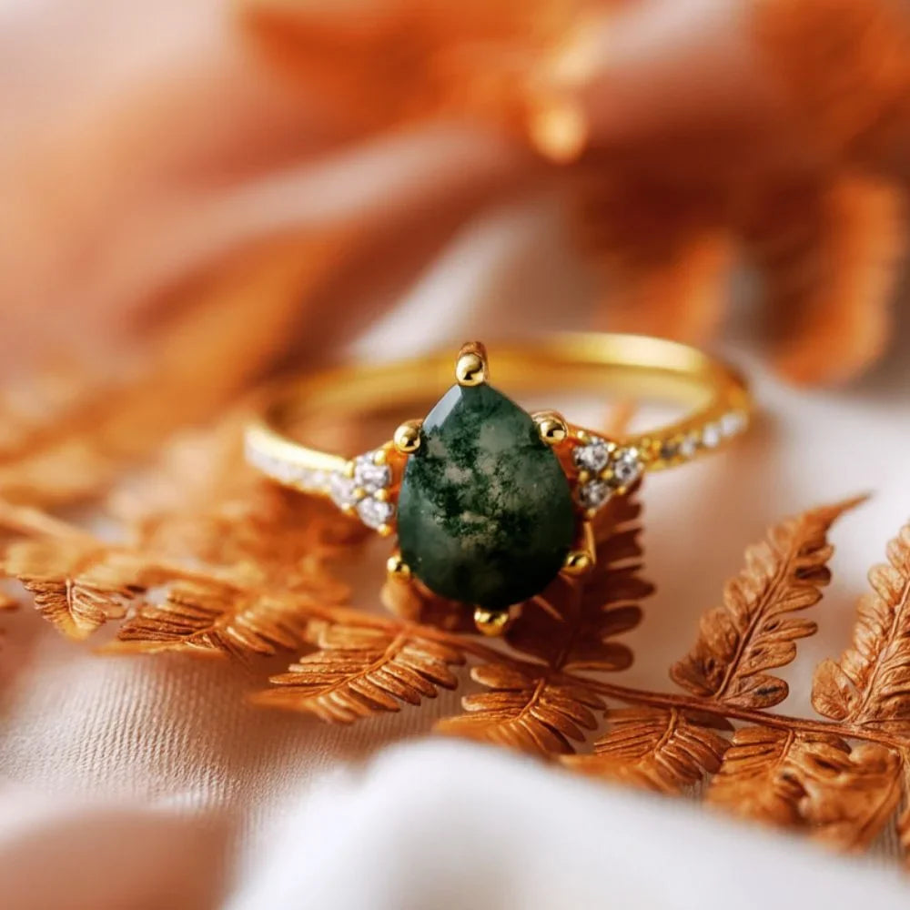 IfShe 6×8mm Pear Moss Agate Ring – 925 Sterling Silver, 10k Gold & White Gold Plated