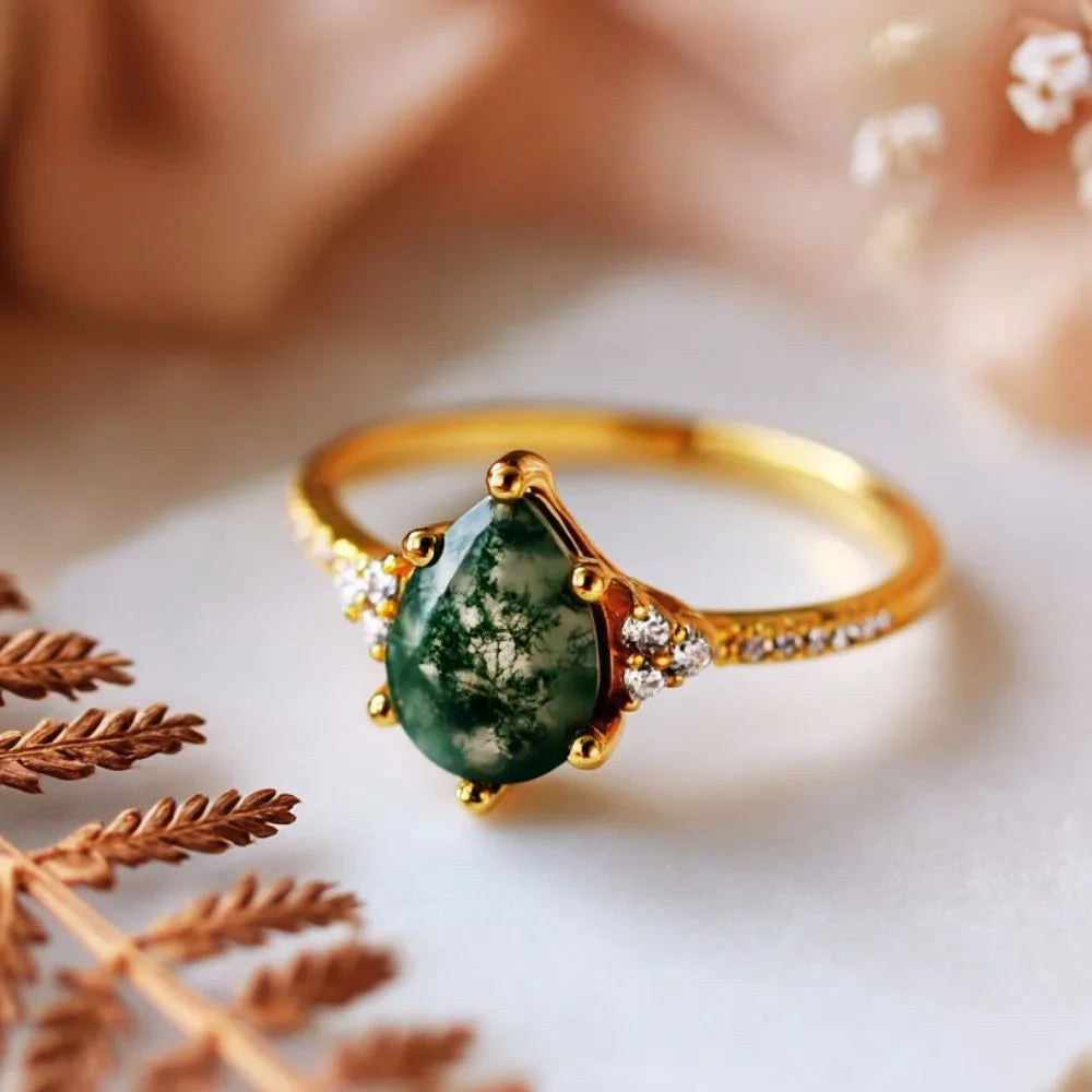 IfShe 6×8mm Pear Moss Agate Ring – 925 Sterling Silver, 10k Gold & White Gold Plated