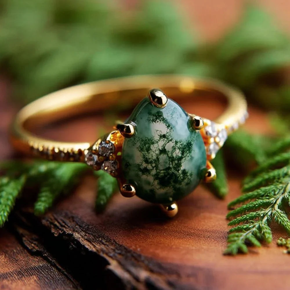 IfShe 6×8mm Pear Moss Agate Ring – 925 Sterling Silver, 10k Gold & White Gold Plated