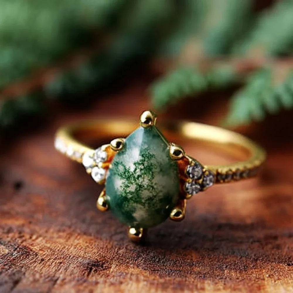 IfShe 6×8mm Pear Moss Agate Ring – 925 Sterling Silver, 10k Gold & White Gold Plated