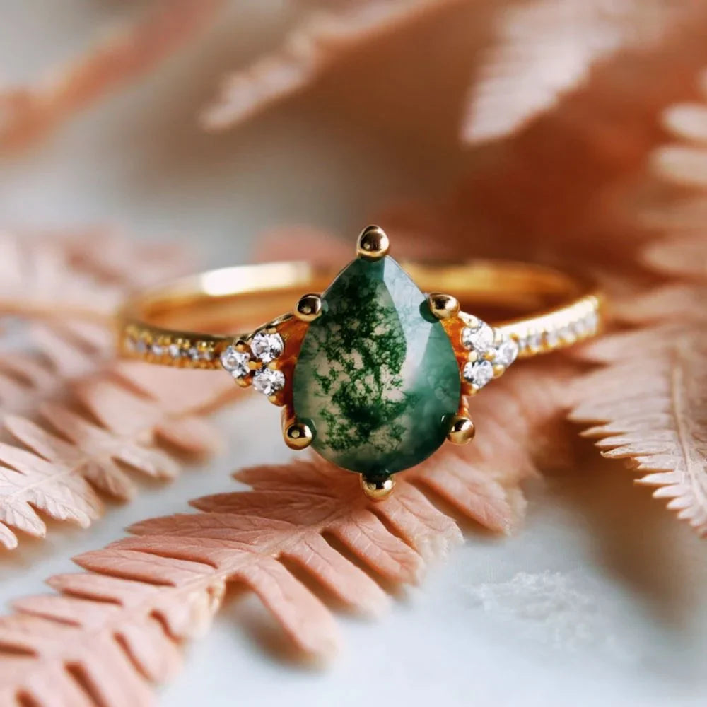 IfShe 6×8mm Pear Moss Agate Ring – 925 Sterling Silver, 10k Gold & White Gold Plated