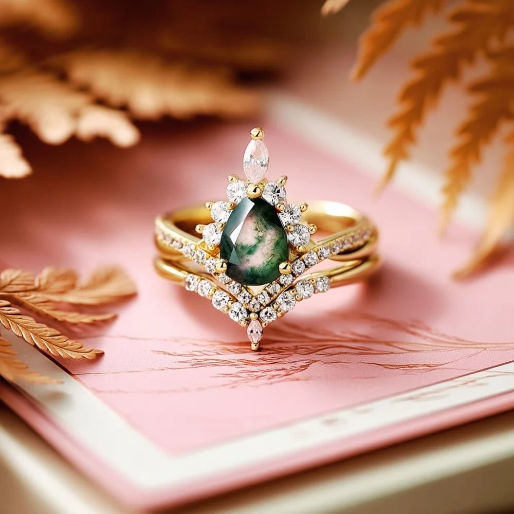IfShe Pear Shaped Moss Agate Engagement & Wedding Ring Set – 6×8 mm Natural Green Gem in 925 Sterling Silver with 10 k Gold & White Gold Plating