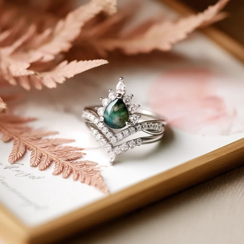 IfShe Pear Shaped Moss Agate Engagement & Wedding Ring Set – 6×8 mm Natural Green Gem in 925 Sterling Silver with 10 k Gold & White Gold Plating